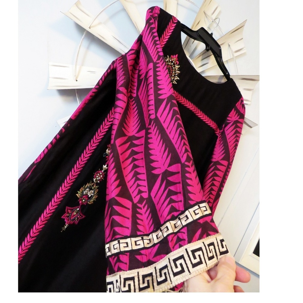 Embroidered Kaftan Maxi Dress –Beaded Floral Trim, Side Slits, Boho Ethnic Style - Picture 9 of 16